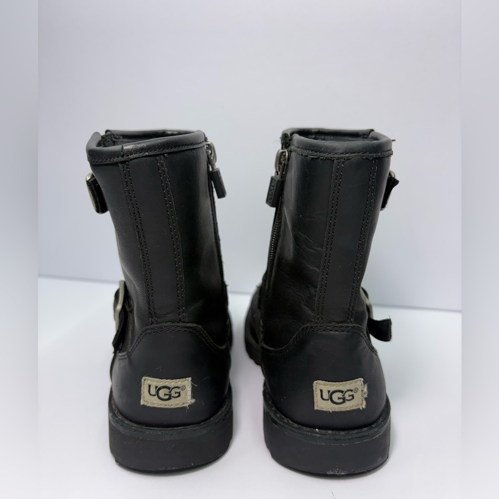 UGG Black Leather Engineer Moto Boots Youth 1 Women 3 Buckle Zip - Picture 3 of 8